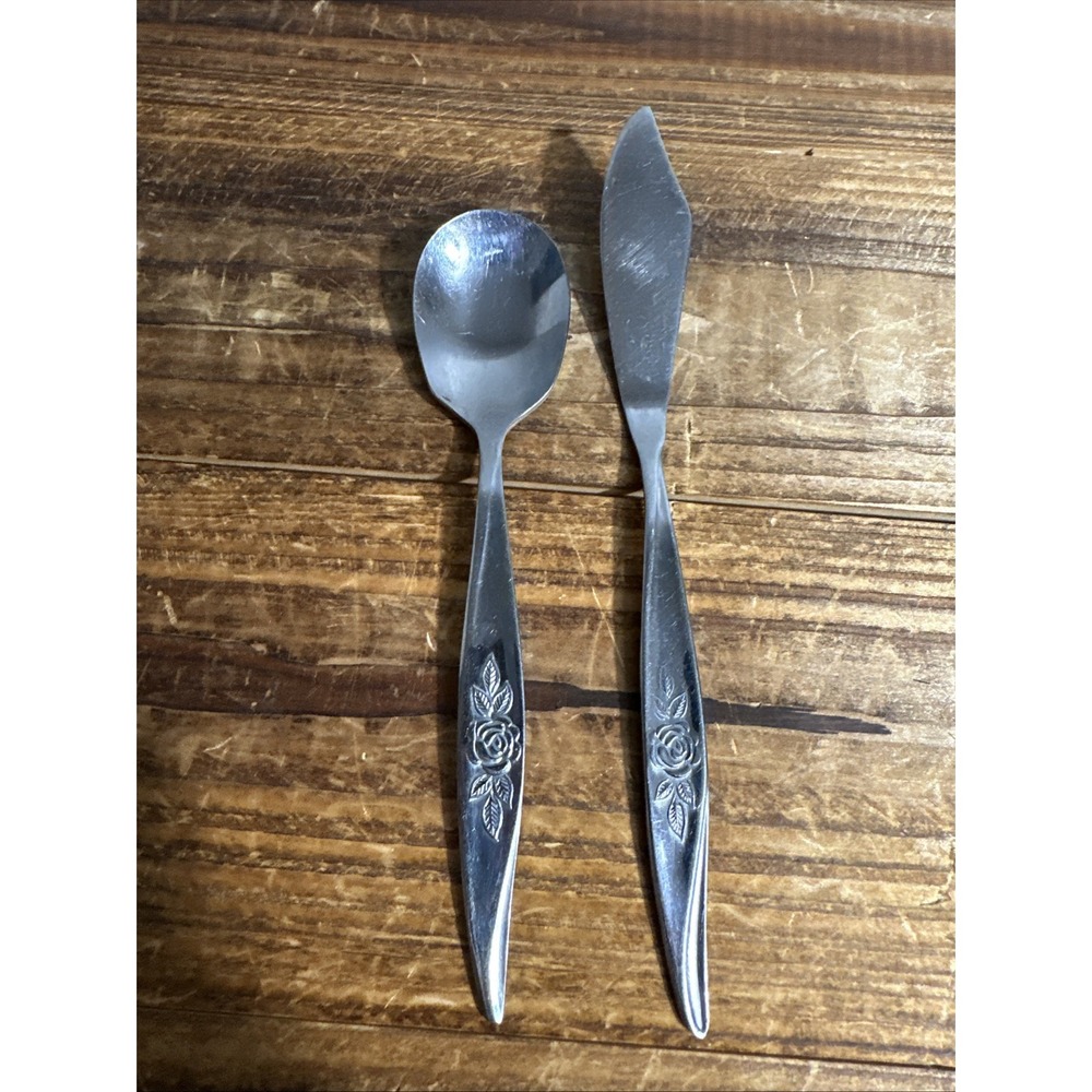 Hanford Forge Stainless AVON‎ ROSE Flatware BUTTER KNIFE & SUGAR SPOON Korea MCM